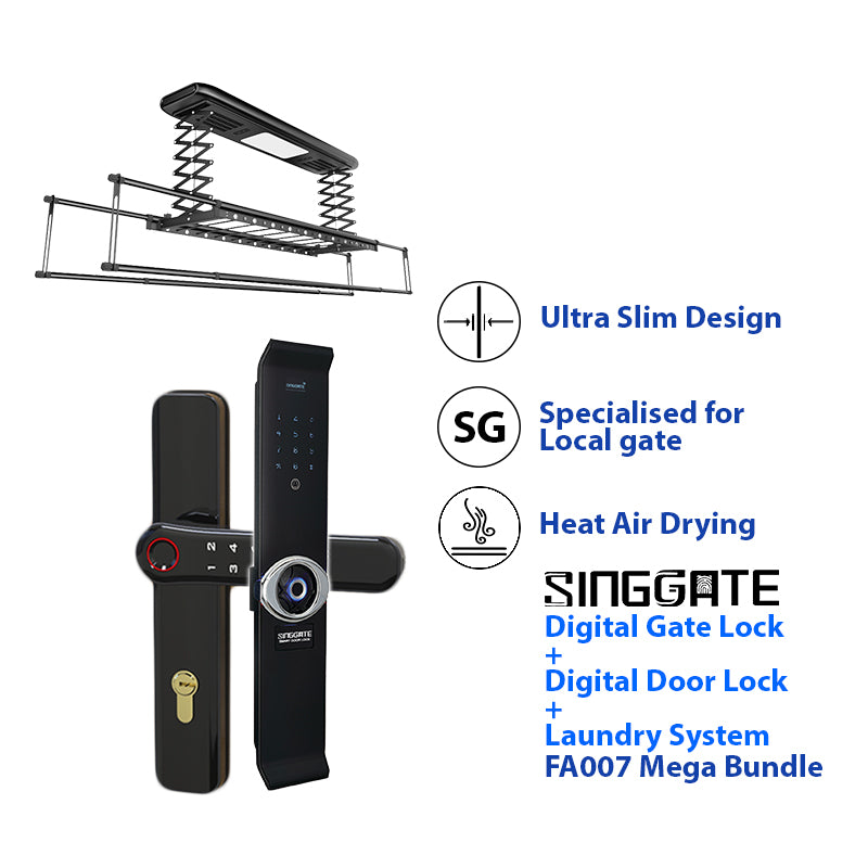 SINGGATE Mega Bundle, *Mega Bundle Deal* FA007 Door Digital Lock + FM021 Metal Gate Digital Lock + LS026 Laundry Rack - SINGGATE Digital Lock