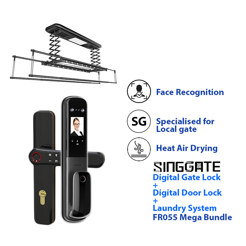 SINGGATE Mega Bundle, *Mega Bundle Deal* FR055 Door Digital Lock + FM021 Metal Gate Digital Lock + LS026 Laundry Rack - SINGGATE Digital Lock