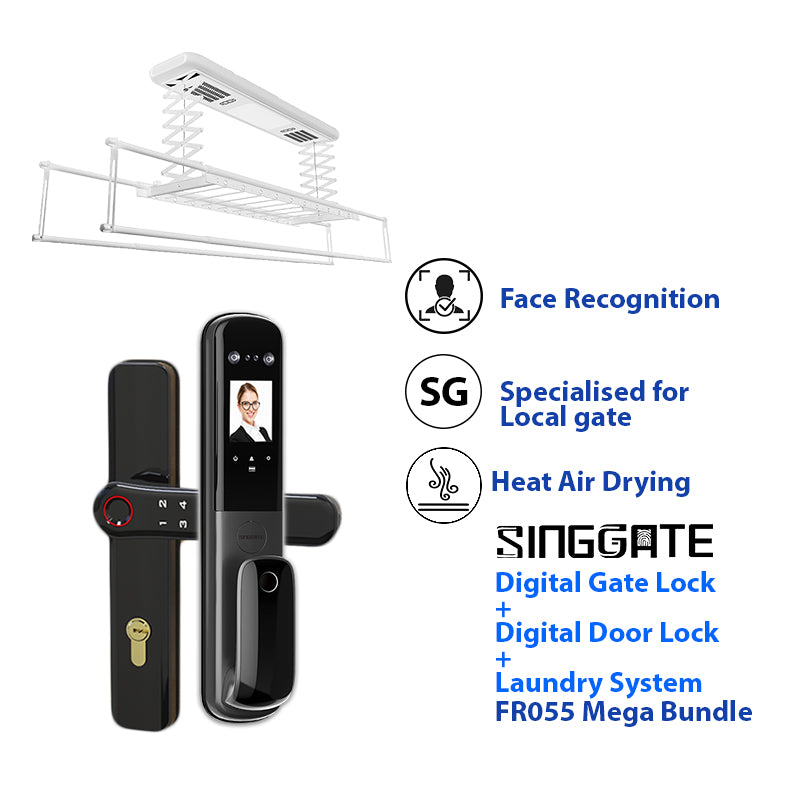 SINGGATE Mega Bundle, *Mega Bundle Deal* FR055 Door Digital Lock + FM021 Metal Gate Digital Lock + LS026 Laundry Rack - SINGGATE Digital Lock