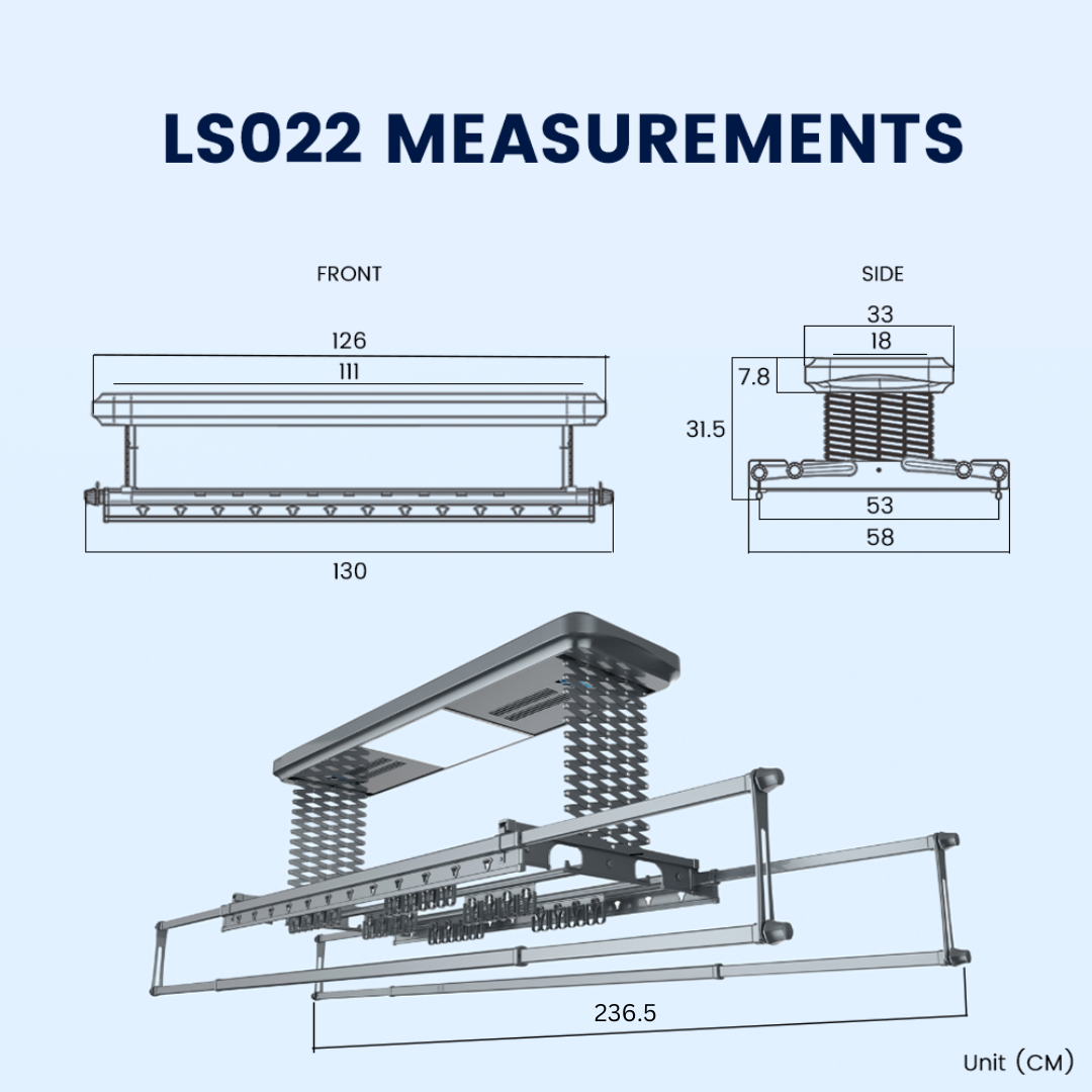 Measurements for LS022 Automated Laundry Rack