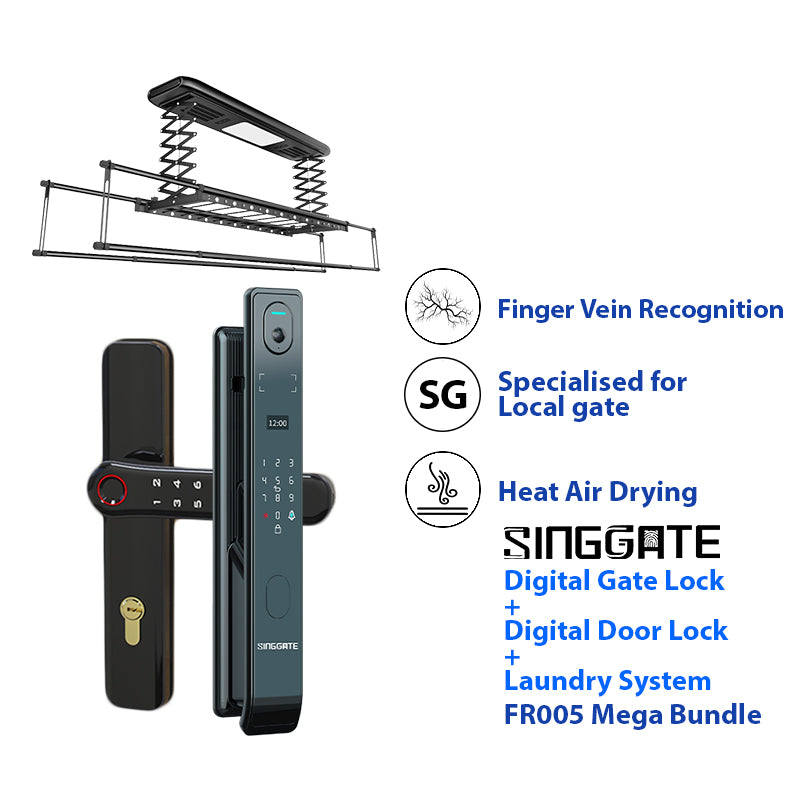 SINGGATE Mega Bundle, *Mega Bundle Deal* FR005 Door Digital Lock + FM021 Metal Gate Digital Lock + LS026 Laundry Rack - SINGGATE Digital Lock