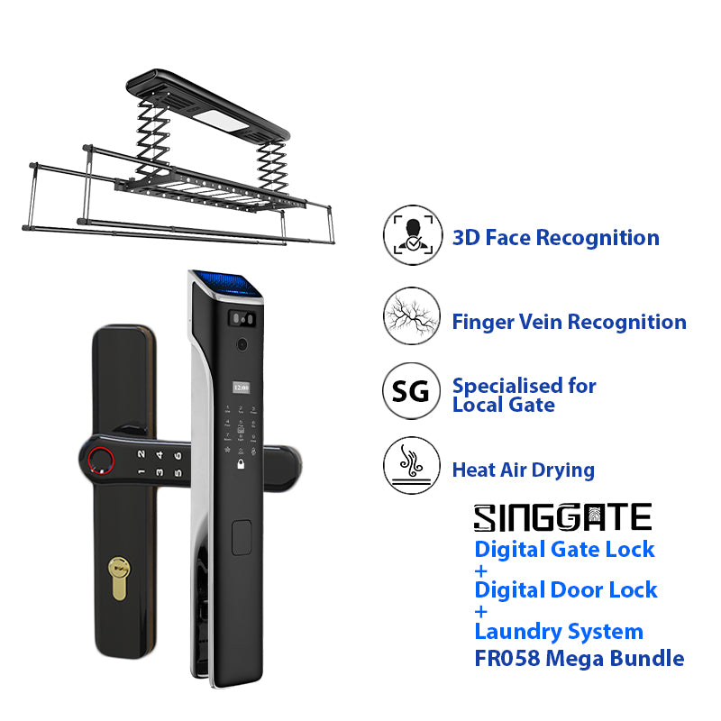 SINGGATE Mega Bundle, ❤️Best❤️*Mega Bundle Deal* FR058 Door Digital Lock + FM021 Metal Gate Digital Lock + LS026 Laundry Rack - SINGGATE Digital Lock