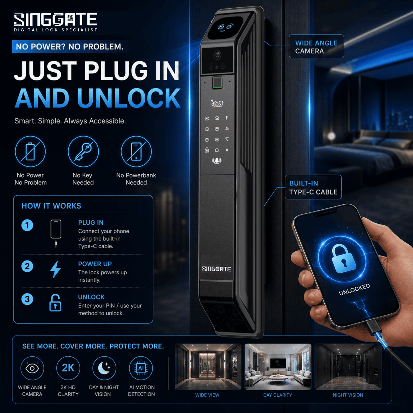 Singgate FR017 Ultra-HD Wide Angle Camera Digital Door Lock
