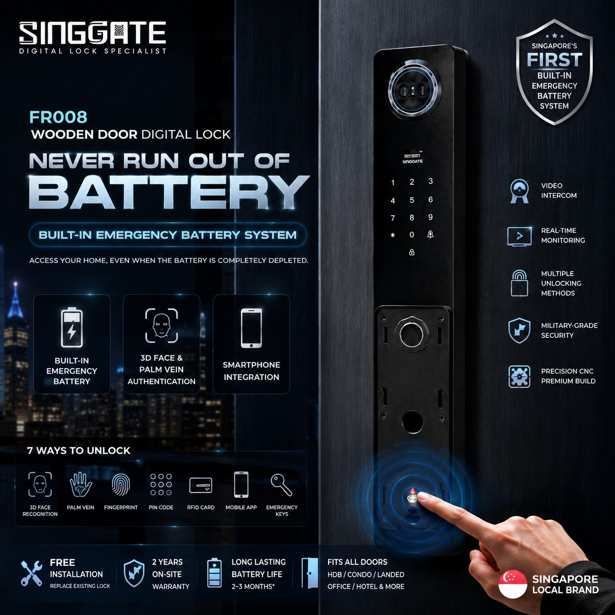 Singgate FR008 Emergency Built-in Battery Digital Door Lock