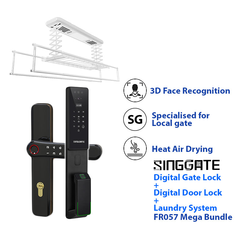 SINGGATE Mega Bundle, ❤️Ultra Slim❤️*Mega Bundle Deal* FR057 Door Digital Lock + FM021 Metal Gate Digital Lock + LS026 Laundry Rack - SINGGATE Digital Lock